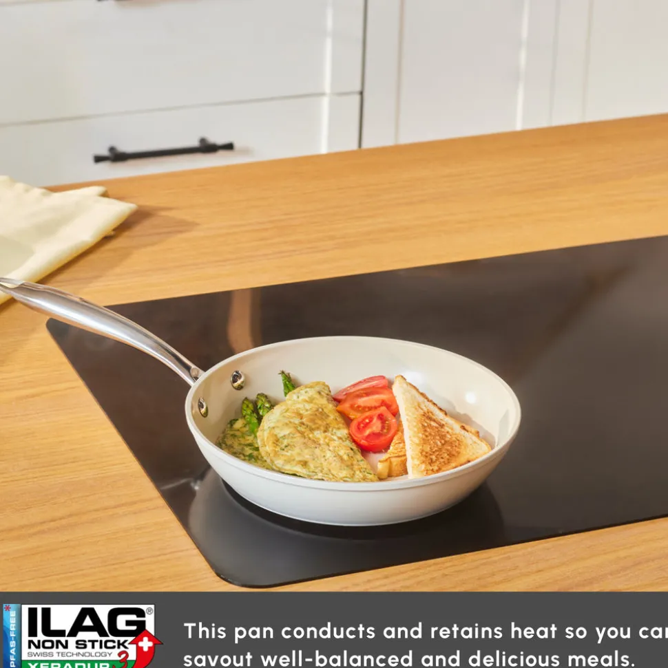 Karaca Swiss Crystal Almond Cream Non-Stick Induction Stainless Steel Handle Pan, 22cm, Cream