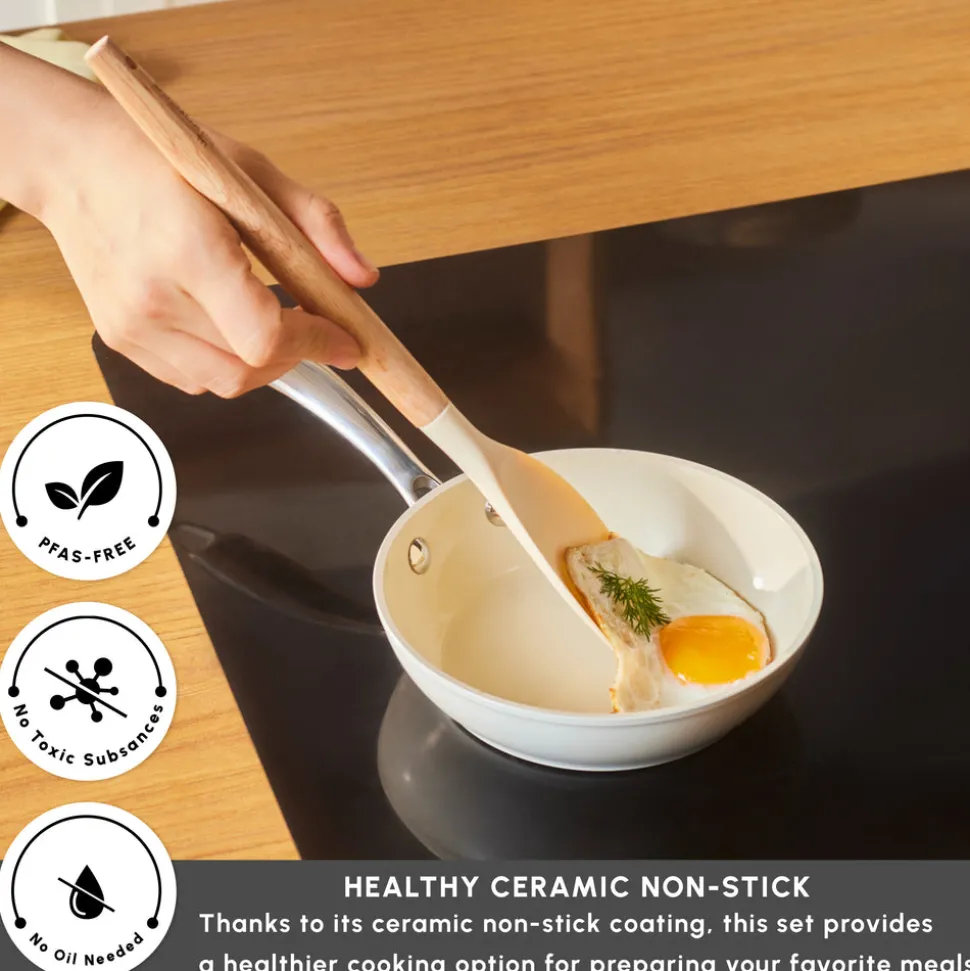 Karaca Swiss Crystal Almond Cream Non-Stick Induction Stainless Steel Handle Pan, 16cm, Cream
