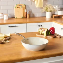 Karaca Swiss Crystal Almond Cream Non-Stick Induction Handle Wok, 28cm, Cream