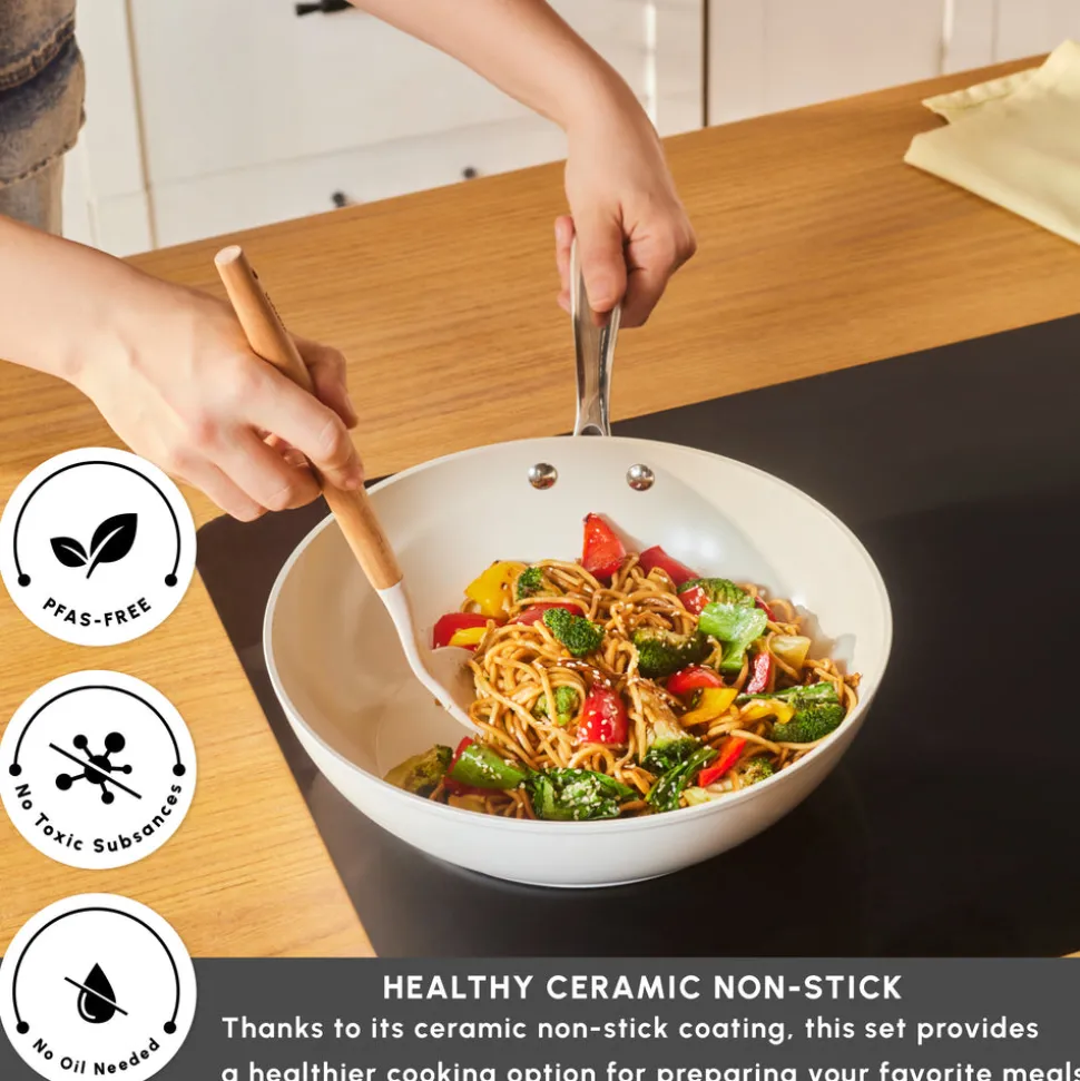 Karaca Swiss Crystal Almond Cream Non-Stick Induction Handle Wok, 28cm, Cream