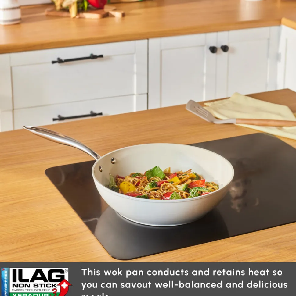 Karaca Swiss Crystal Almond Cream Non-Stick Induction Handle Wok, 28cm, Cream