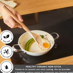 Karaca Swiss Crystal Almond Cream Non-Stick Induction Stainless Steel Handle Shallow Pan, 18cm, Cream
