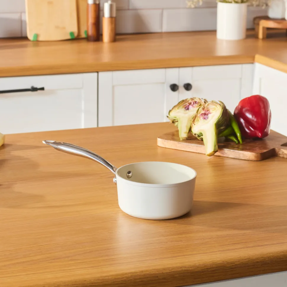 Karaca Swiss Crystal Almond Cream Non-Stick Induction Stainless Steel Handle Sauce Pan, 14cm, Cream