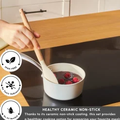 Karaca Swiss Crystal Almond Cream Non-Stick Induction Stainless Steel Handle Sauce Pan, 14cm, Cream