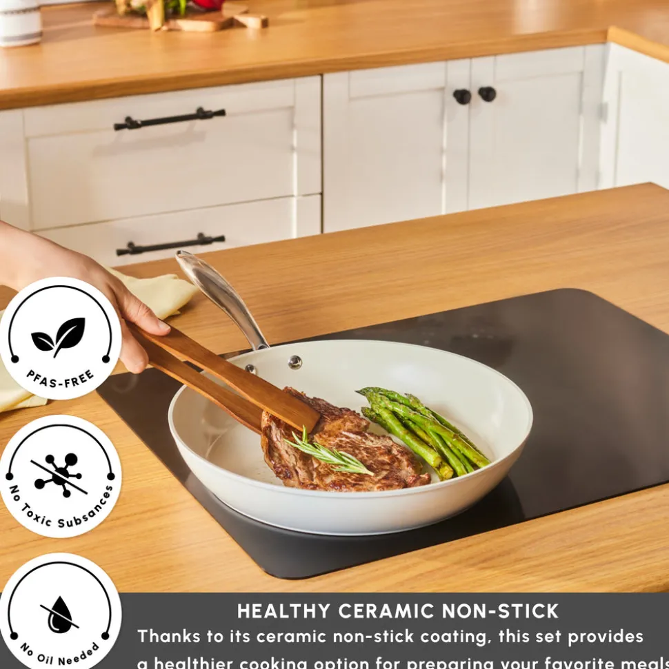 Karaca Swiss Crystal Almond Cream Non-Stick Induction Stainless Steel Handle Pan, 32cm, Cream