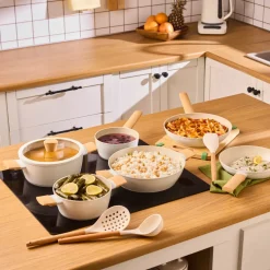 Karaca Swiss Crystal Almond Cream 12-Piece Non-Stick Induction Ceramic Cookware Set, Cream