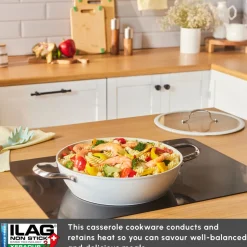 Karaca Swiss Crystal Almond Cream Non-Stick Induction Stainless Steel Handle Shallow Casserole & Lid, 30cm, Cream