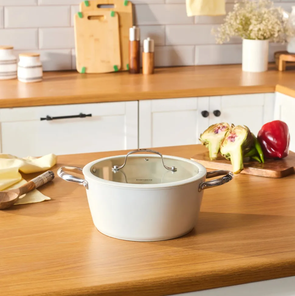 Karaca Swiss Crystal Almond Cream Non-Stick Induction Stainless Steel Handle Casserole & Lid, 24cm, Cream
