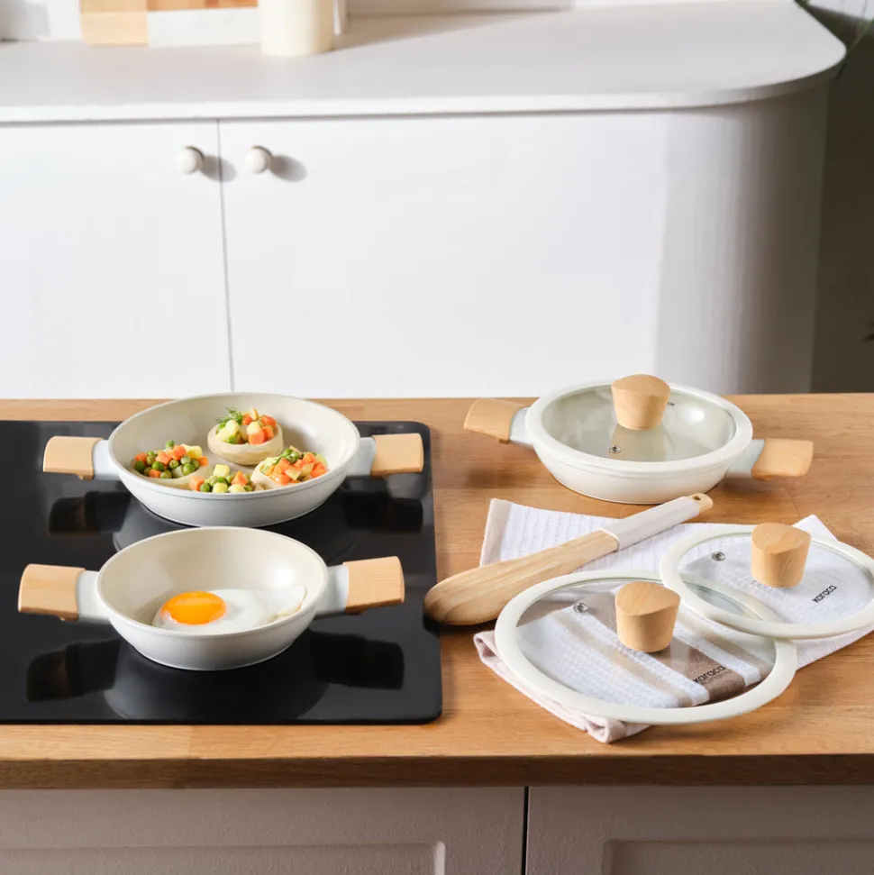 Karaca Swiss Crystal Almond 6-Piece Non-Stick Induction Shallow Casserole Set, Cream