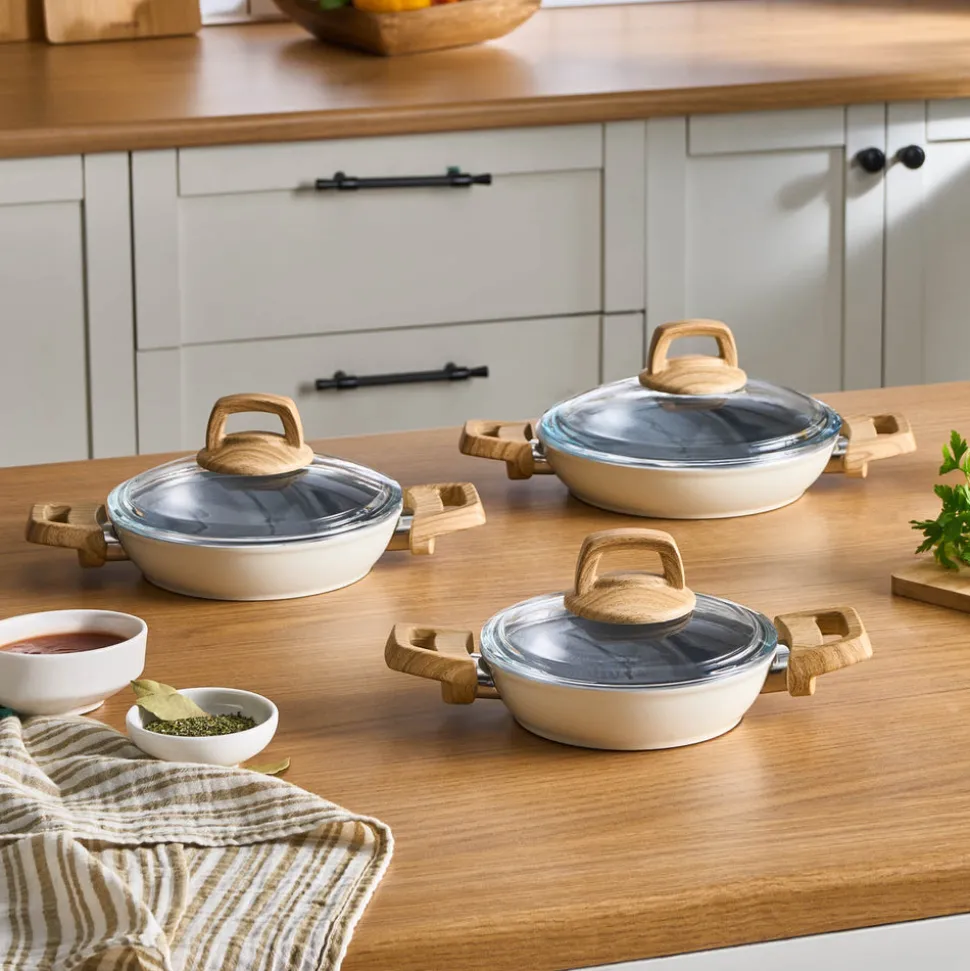 Karaca Swiss Crystal 6 Piece Non-Stick Induction Shallow Cookware Set, Creamy