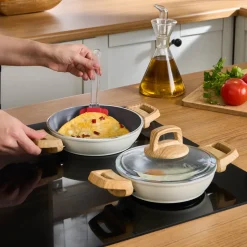 Karaca Swiss Crystal 6 Piece Non-Stick Induction Shallow Cookware Set, Creamy