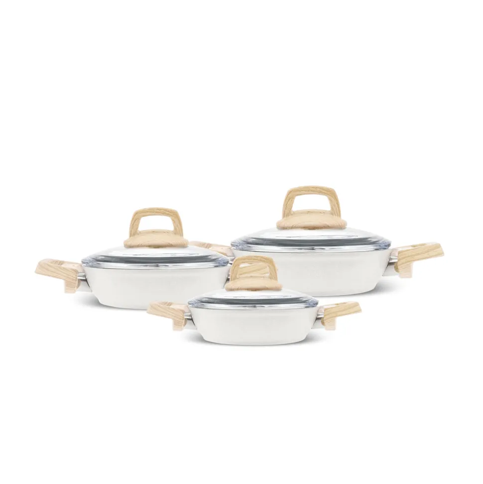 Karaca Swiss Crystal 6 Piece Non-Stick Induction Shallow Cookware Set, Creamy