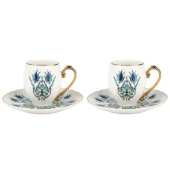 Karaca İznik 4-Piece Porcelain Espresso Turkish Coffee Cup Set for 2 People, 80ml, White Blue