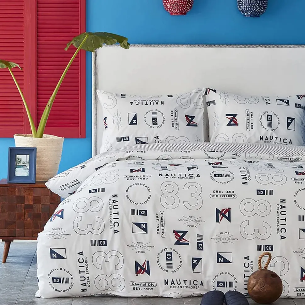Nautica Home Discovery 100% Turkish Cotton Duvet Cover Set, Double, 200cmx200cm, White Multi
