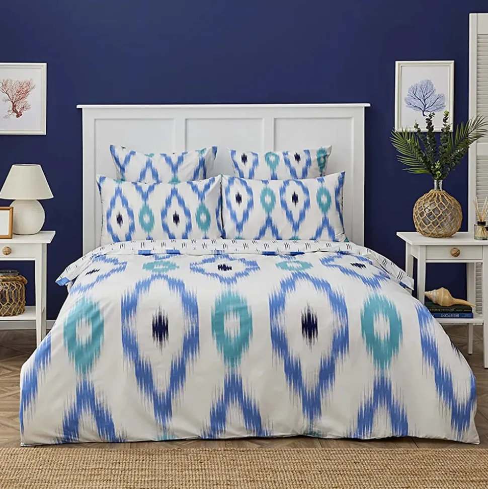 Nautica Home Ikat 100% Cotton Duvet Cover Set, Single, 140cmx200cm, White Blue