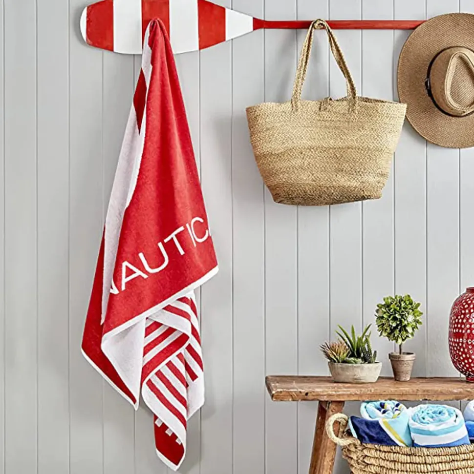 Nautica Home Stripe J 100% Turkish Cotton Beach Towel, 90cmx180cm, Red Multi